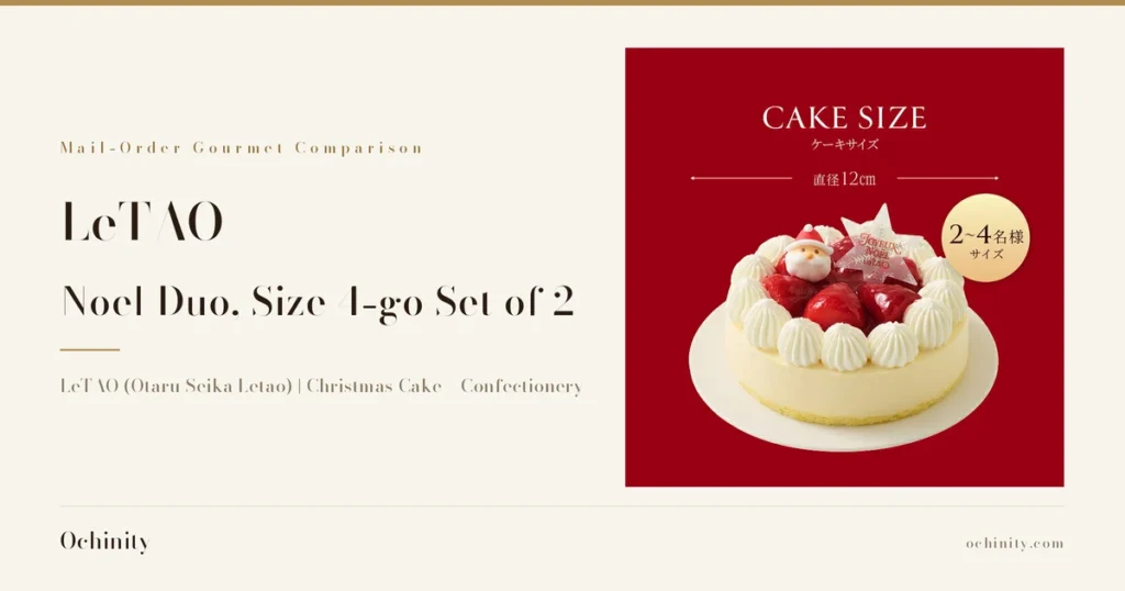 Featured image for the LeTAO Noel Duo, size 4-go set of 2. On the left: the kicker "Mail-Order Gourmet Comparison," the title "LeTAO" / "Noel Duo, Size 4-go Set of 2," and the subhead "LeTAO (Otaru Seika Letao) | Christmas Cake / Confectionery." On the right, a photo of a cake (Pere Noel, one of the two cakes in the set) topped with whipped cream, strawberries, and a Santa Claus decoration. Text the shop placed in the image reads "CAKE SIZE," "Diameter 12cm," and "Serves 2 to 4."