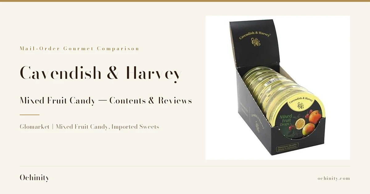 Featured image for Cavendish & Harvey Mixed Fruit Candy. On the left: "Mail-Order Gourmet Comparison", "Cavendish & Harvey", "Mixed Fruit Candy — Contents & Reviews", "Glomarket｜Mixed Fruit Candy, Imported Sweets". On the right, a product photo of an open black display box holding 7 round tins arranged at an angle; the front tin shows illustrations of orange, lemon and cherry, and a barcode sticker. Text the shop put in the image: "Cavendish & Harvey", "Mixed Fruit Drops", "Premium Quality", "Made in Germany".