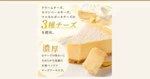 Product photo of Kikakugai Cheesecake, 5 pieces: the cut face of a slice of baked cheesecake with a powdery white topping, and a bite-size piece on a fork. Text the shop placed in the image: “クリームチーズ、カマンベールチーズ、マスカルポーネチーズの3種チーズを使用。” (uses three cheeses: cream cheese, camembert and mascarpone) and “濃厚なチーズの味わいとなめらかな食感の本格ベイクドチーズケーキです。” (an authentic baked cheesecake with a rich cheese flavor and smooth texture).
