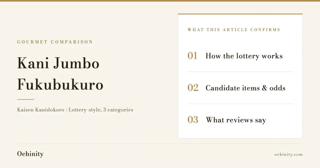 Feature image (no photo) for the article on Kaisen Kanidokoro's lottery-style Kani Jumbo Fukubukuro, showing the title and three points the article covers: how the lottery works, candidate items and odds, and reviews