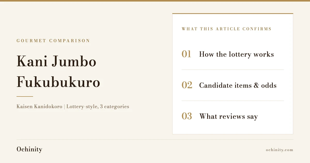 Feature image (no photo) for the article on Kaisen Kanidokoro's lottery-style Kani Jumbo Fukubukuro, showing the title and three points the article covers: how the lottery works, candidate items and odds, and reviews
