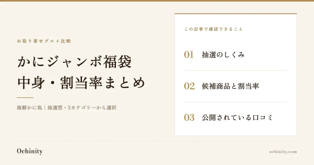 「かにジャンボ福袋 中身・割当率まとめ」の文字と、この記事で確認できる3項目（抽選のしくみ・候補商品と割当率・公開されている口コミ）を並べた、海鮮かに処の抽選型商品の紹介記事アイキャッチ（写真なし）
