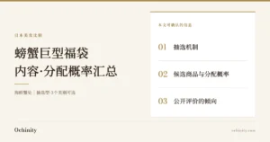 海鲜蟹处抽选型商品「かにジャンボ福袋」介绍文章封面图(无照片),显示标题及本文可确认的3项内容:抽选机制、候选商品与分配概率、公开评价的倾向