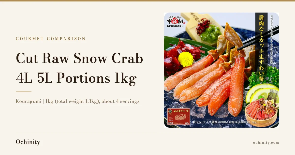 Feature image for Kouragumi Cut Raw Snow Crab 4L-5L Portions 1kg, with a photo of raw snow crab leg portions and a claw fanned out on a blue glass dish of crushed ice