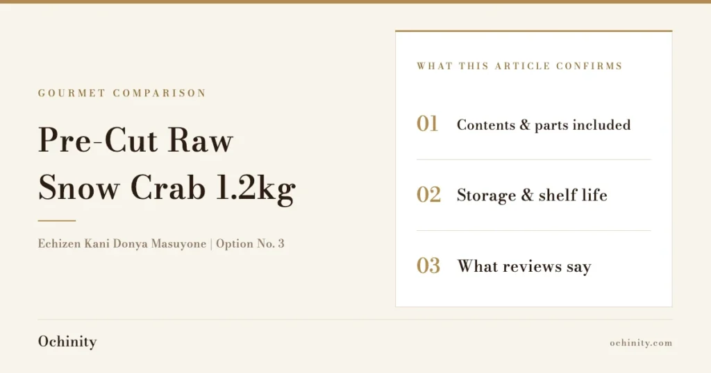 Feature image (no photo) for the article on option No. 3 of Echizen Kani Donya Masuyone's Selectable Crab Fukubukuro, showing the title "Pre-Cut Raw Snow Crab 1.2kg" and three points the article confirms: contents, storage, and reviews