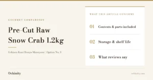 Feature image (no photo) for the article on option No. 3 of Echizen Kani Donya Masuyone's Selectable Crab Fukubukuro, showing the title "Pre-Cut Raw Snow Crab 1.2kg" and three points the article confirms: contents, storage, and reviews