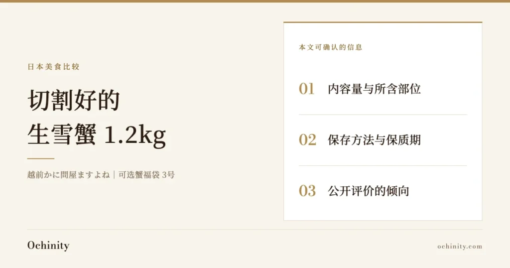 越前かに問屋ますよね「選べるカニ福袋」3号介绍文章封面图（无照片），显示「切割好的生雪蟹 1.2kg」标题及本文可确认的3项内容：内容量与所含部位、保存方法与保质期、公开评价的倾向