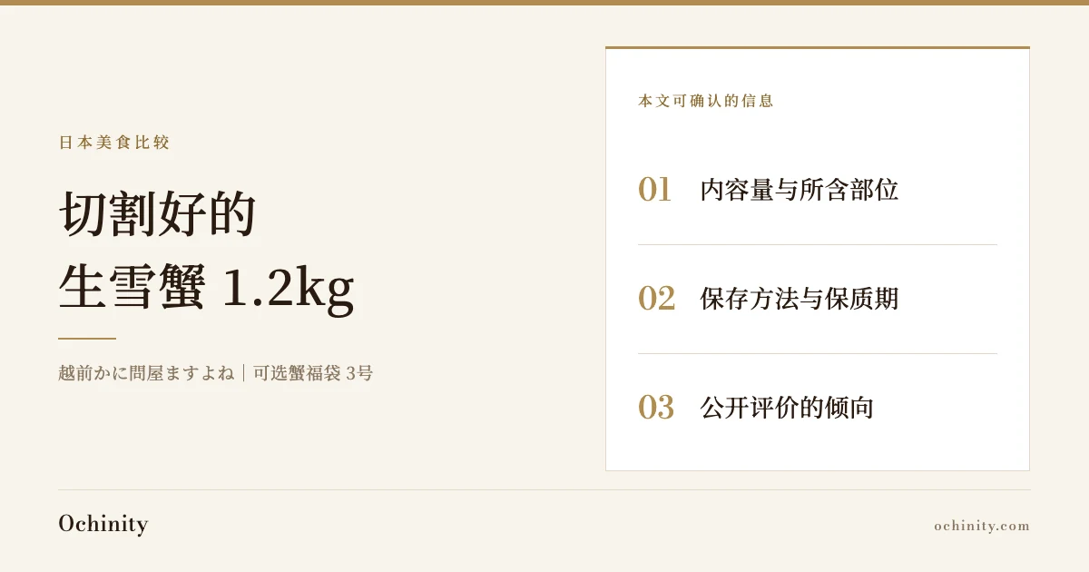 越前かに問屋ますよね「選べるカニ福袋」3号介绍文章封面图（无照片），显示「切割好的生雪蟹 1.2kg」标题及本文可确认的3项内容：内容量与所含部位、保存方法与保质期、公开评价的倾向