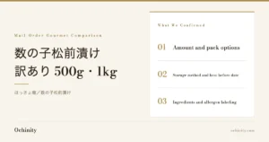Eyecatch for 数の子松前漬け (ほっきょ庵), no photo. What we confirmed: amount and pack options / storage method and best-before date / ingredients and allergen labeling