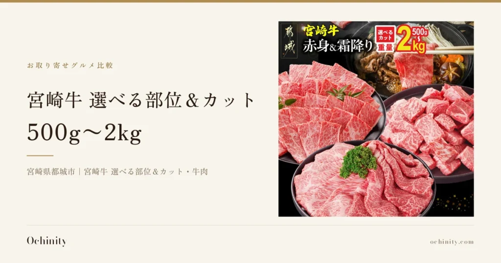 宮崎牛 選べる部位＆カットのアイキャッチ。左に「お取り寄せグルメ比較」「宮崎牛 選べる部位＆カット」「500g〜2kg」「宮崎県都城市｜宮崎牛 選べる部位＆カット・牛肉」の文字。右の写真は、黒い丸皿3枚に赤身と霜降りの宮崎牛（薄切り肉2皿・角切り肉1皿）が盛り付けられ、皿にはパセリなどの葉の飾りが載り、右上には鍋で煮えるすき焼き風の肉と野菜（えのき・にんじん・しいたけ）が添えられている。画像内に店舗が画像に入れた表示として左上に「都城」の印章風ロゴ、「宮崎牛」「赤身&霜降り」「選べるカット」「重量500g〜2kg」の文字あり