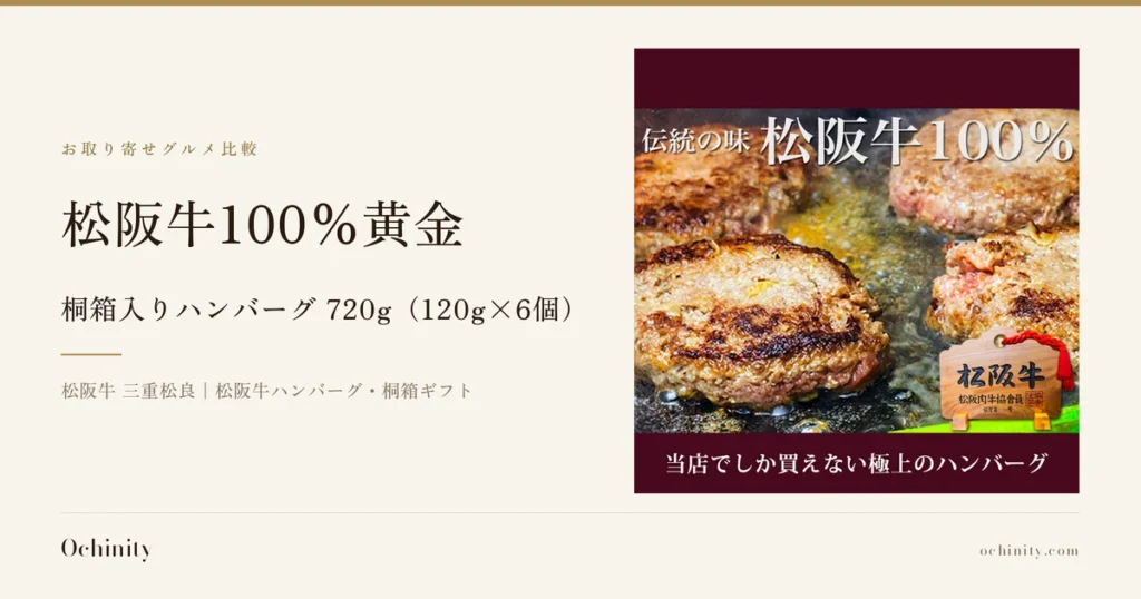 桐箱入り松阪牛100%黄金ハンバーグ 720g（120g×6個）のアイキャッチ。左に「お取り寄せグルメ比較」「松阪牛100%黄金」「桐箱入りハンバーグ 720g（120g×6個）」「松阪牛 三重松良｜松阪牛ハンバーグ・桐箱ギフト」の文字。右の写真は、鉄板の上で焼かれている松阪牛100%黄金ハンバーグ数個のアップで、手前に木札のプレートが添えられている。画像内に店舗が画像に入れた表示として「伝統の味」「松阪牛100%」「松阪牛 松阪肉牛協会員」「当店でしか買えない極上のハンバーグ」の文字あり。