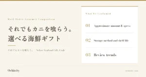 Eyecatch for Select Seafood Gift (それでもカニを喰らう。) (no photo). Kicker "Mail-Order Gourmet Comparison", title "それでもカニを喰らう。 選べる海鮮ギフト", sub "それでもカニを喰らう。 / Select Seafood Gift, Crab", What We Confirmed: 01 Approximate amount & specs / 02 Storage method and shelf life / 03 Review trends