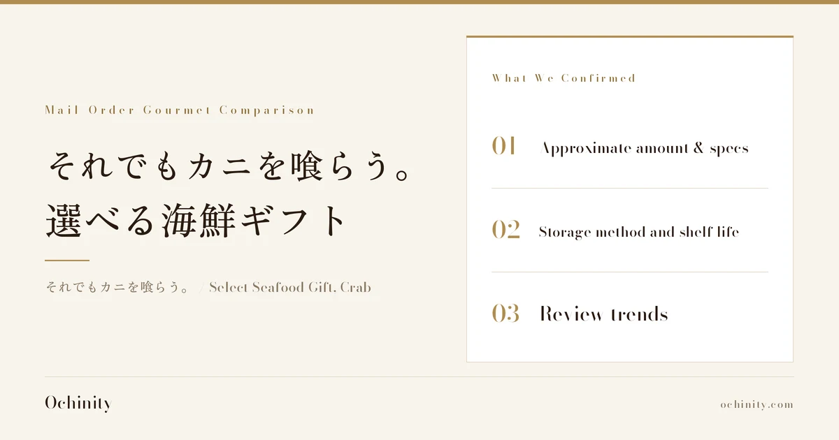Eyecatch for Select Seafood Gift (それでもカニを喰らう。) (no photo). Kicker "Mail-Order Gourmet Comparison", title "それでもカニを喰らう。 選べる海鮮ギフト", sub "それでもカニを喰らう。 / Select Seafood Gift, Crab", What We Confirmed: 01 Approximate amount & specs / 02 Storage method and shelf life / 03 Review trends