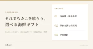 選べる海鮮ギフト（それでもカニを喰らう。）的封面图（无照片）。栏目「日本邮购美食比较」，标题「それでもカニを喰らう。 選べる海鮮ギフト」，副标题「それでもカニを喰らう。｜選べる海鮮ギフト（可选海鲜礼盒）・蟹类」，可确认的信息：01内容量・规格参考・02保存方法与保质期・03评价倾向