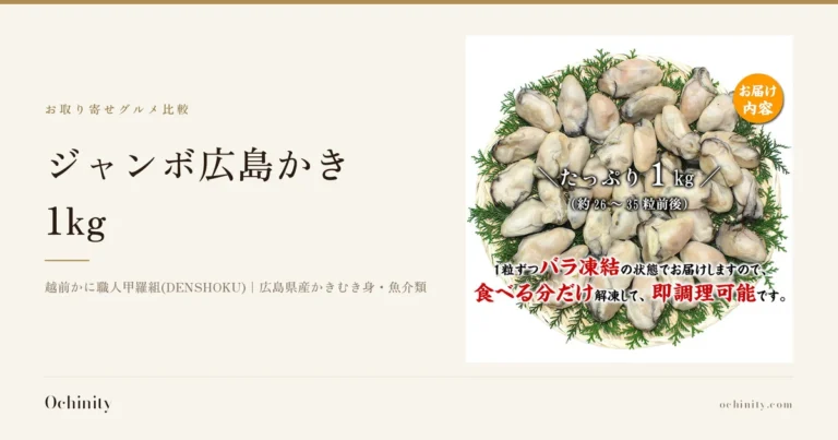 ジャンボ広島かき1kgのアイキャッチ。左に「お取り寄せグルメ比較」「ジャンボ広島かき」「1kg」「越前かに職人甲羅組(DENSHOKU)｜広島県産かきむき身・魚介類」の文字。右の写真は、針葉樹の枝葉を敷いたざるに盛られた広島かきのむき身。画像内に店舗が画像に入れた表示として「お届け内容」「たっぷり1kg（約26〜35粒前後）」「1粒ずつバラ凍結の状態でお届けしますので、食べる分だけ解凍して、即調理可能です。」の文字あり