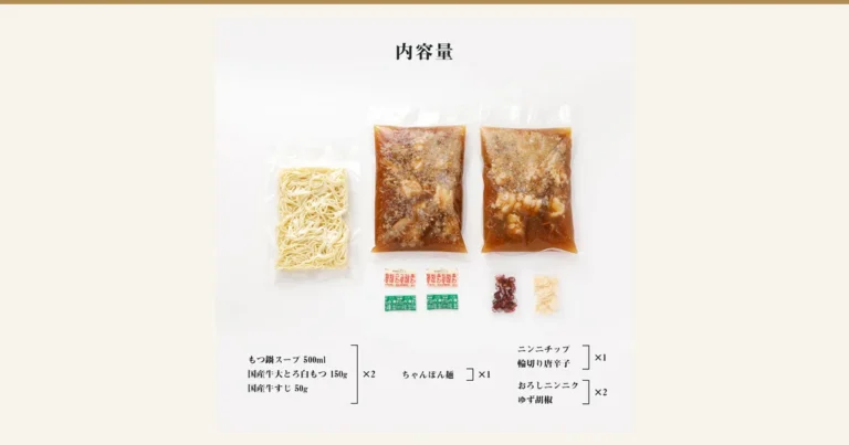 白い背景に、もつ鍋セットの中身を並べた商品写真(がばい 黒毛和牛もつ鍋セット)。上部に「内容量」の文字、麺、スープ入りの袋2つ、薬味の小袋が並ぶ。店舗が画像に入れた表示「内容量」「(もつ鍋スープ 500ml/国産牛大とろ白もつ 150g/国産牛すじ 50g)×2」「ちゃんぽん麺 ×1」「ニンニクチップ/輪切り唐辛子 ×1」「おろしニンニク/ゆず胡椒 ×2」