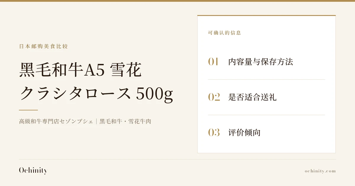 黑毛和牛A5 雪花クラシタロース500g的封面图(无照片)。栏目「日本邮购美食比较」,标题「黑毛和牛A5 雪花/クラシタロース 500g」,副标题「高級和牛専門店セゾンブシェ|黑毛和牛・雪花牛肉」,可确认的信息:01内容量与保存方法・02是否适合送礼・03评价倾向