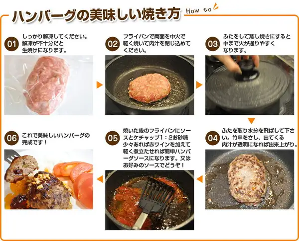店舗の商品画像。個包装の袋に入ったハンバーグ、フライパンで焼くハンバーグ、ガラスのふたをしたフライパン、焼き色の付いたハンバーグ、ソースを煮立てるフライパン、ソースと刻んだトッピングをかけてスライスしたトマトを添えた盛り付け例の6枚の写真に、画像内の文字「ハンバーグの美味しい焼き方」「How to」「01 しっかり解凍してください。解凍が不十分だと生焼けになります。」「02 フライパンで両面を中火で軽く焼いて肉汁を閉じ込めてください。」「03 ふたをして蒸し焼きにすると中まで火が通りやすくなります。」「04 ふたを取り水分を飛ばして下さい。竹串をさし、出てくる肉汁が透明になれば出来上がり。」「05 焼いた後のフライパンにソースとケチャップ1：2お砂糖少々あれば赤ワインを加えて軽く煮立たせれば簡単ハンバーグソースになります。又はお好みのソースでどうぞ！」「06 これで美味しいハンバーグの完成です！」が入っています。お肉屋さんの自家製 和牛Mixハンバーグ 150gの商品ページ画像
