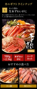 Product image for the Select Seafood Gift (それでもカニを喰らう。), showing the raw cut snow crab (生カット本ずわい蟹). Gold text on black reading "カニギフトラインナップ", a gold square with "1" and white text "カット済み" "生本ずわいがに", and the description "身入り抜群の本ずわいがに。食べやすいハーフカットなので、かに鍋や焼きがににおすすめです。". The middle photo shows snow crab legs and claws in a clay hot pot with vegetables such as leafy greens, carrot and shiitake, and cut legs and shoulder meat on a bamboo tray in front, with white brush lettering "本ずわいがに" and "700g" in white on gold. Below are red labels with white text: "700g〜2.1kg", "本ずわいがに" and "ハーフカット". At the bottom, the heading "おすすめの食べ方" with a photo of crab legs simmered in a hot pot with vegetables labeled "カニ鍋" and a photo of crab legs grilled on a charcoal grill labeled "焼きガニ".