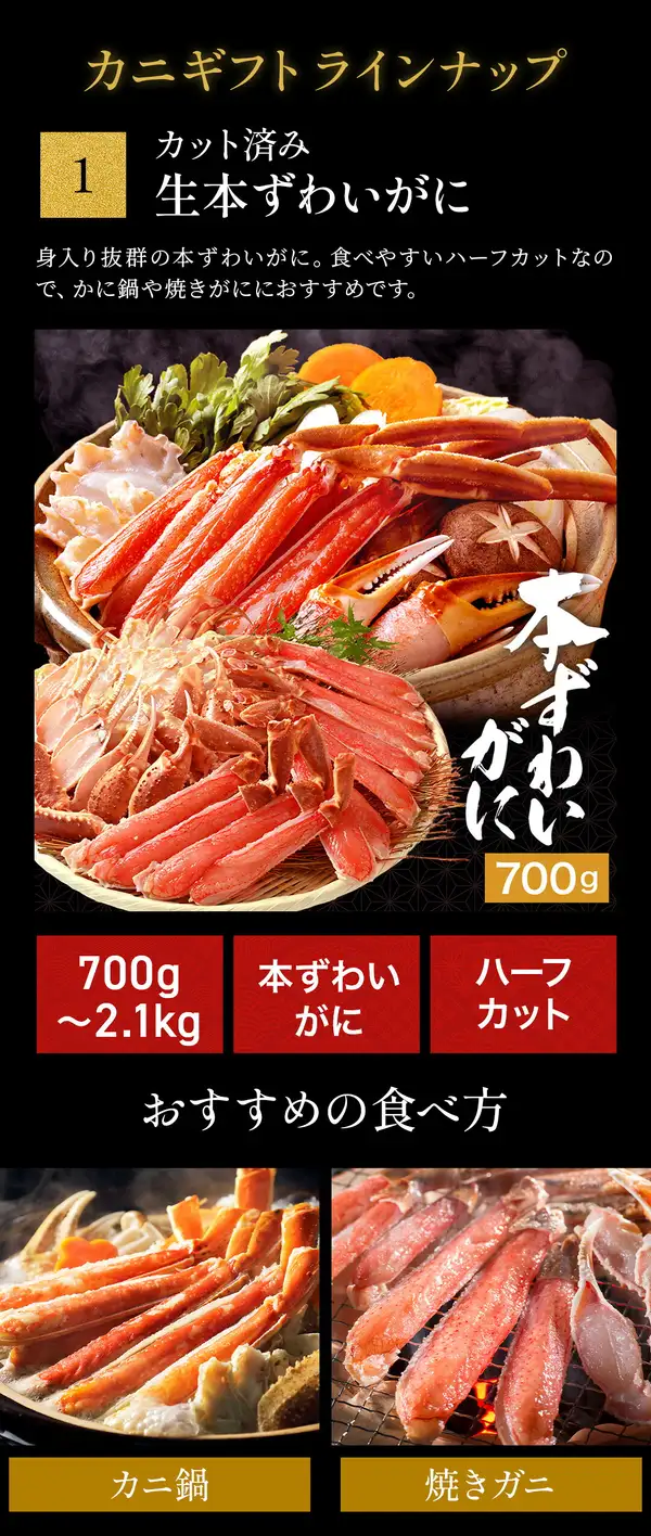 Product image for the Select Seafood Gift (それでもカニを喰らう。), showing the raw cut snow crab (生カット本ずわい蟹). Gold text on black reading "カニギフトラインナップ", a gold square with "1" and white text "カット済み" "生本ずわいがに", and the description "身入り抜群の本ずわいがに。食べやすいハーフカットなので、かに鍋や焼きがににおすすめです。". The middle photo shows snow crab legs and claws in a clay hot pot with vegetables such as leafy greens, carrot and shiitake, and cut legs and shoulder meat on a bamboo tray in front, with white brush lettering "本ずわいがに" and "700g" in white on gold. Below are red labels with white text: "700g〜2.1kg", "本ずわいがに" and "ハーフカット". At the bottom, the heading "おすすめの食べ方" with a photo of crab legs simmered in a hot pot with vegetables labeled "カニ鍋" and a photo of crab legs grilled on a charcoal grill labeled "焼きガニ".