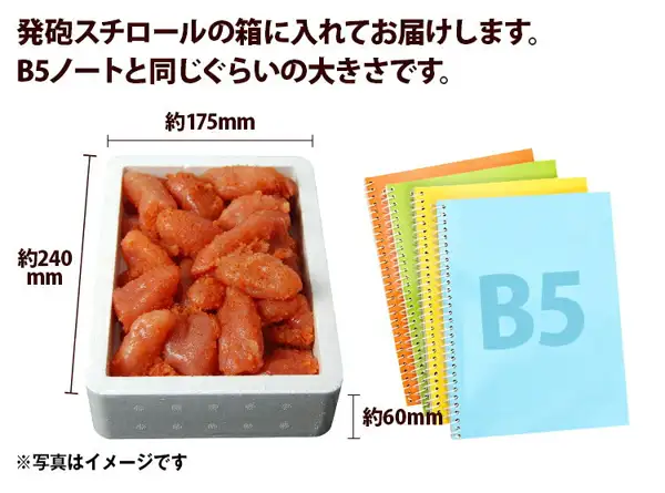 無着色辛子明太子（小切れ）1kgの商品イメージ写真：白い発泡スチロールの箱に辛子明太子の切れ子が詰められ、右側に色違いのスパイラルノートが重ねて置かれて大きさを比べている。画像内に店舗が画像に入れた表示として「発泡スチロールの箱に入れてお届けします。B5ノートと同じぐらいの大きさです。」「約175mm」「約240mm」「約60mm」「※写真はイメージです」の文字あり