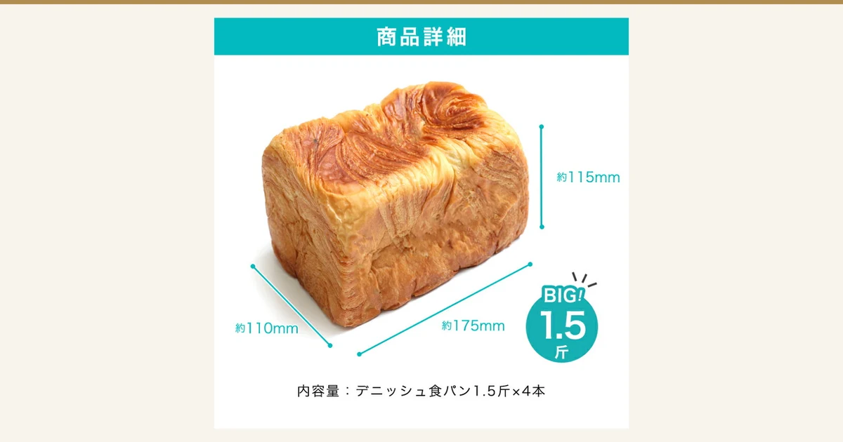 茶色い焼き色のついたデニッシュ食パン1本を斜め前から写し、寸法線3本と「商品詳細」の見出しを添えた、メイズテーブル デニッシュ食パン 選べる4本セット(1.5斤×4本)の商品画像。店舗が画像に入れた表示:「商品詳細」「約115mm」「約110mm」「約175mm」「BIG! 1.5斤」「内容量:デニッシュ食パン1.5斤×4本」