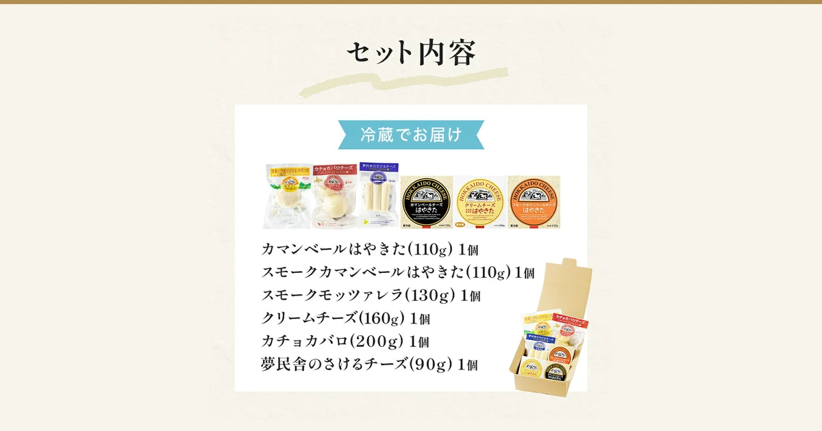 Photo of the six cheeses in their packaging lined up in a row (from left: smoked mozzarella, caciocavallo, string cheese, Camembert, cream cheese, smoked Camembert), with a cardboard box packed with the cheeses at lower right (夢民舎 はやきたチーズ色々詰合せセット, a furusato nozei thank-you gift from Abira Town, Hokkaido). Text the shop placed on the image: 「セット内容」「冷蔵でお届け」「カマンベールはやきた(110g) 1個」「スモークカマンベールはやきた(110g) 1個」「スモークモッツァレラ(130g) 1個」「クリームチーズ(160g) 1個」「カチョカバロ(200g) 1個」「夢民舎のさけるチーズ(90g) 1個」