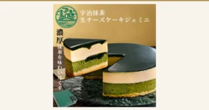 切り分けた宇治抹茶生チーズケーキ ジェミニ 4号の断面（レアチーズのムース・抹茶のジュレ・抹茶のベイクドチーズケーキの3層）を写した商品写真。店舗が画像に入れた表示「宇治抹茶 生チーズケーキジェミニ」「濃厚 抹茶を味わい尽くす」