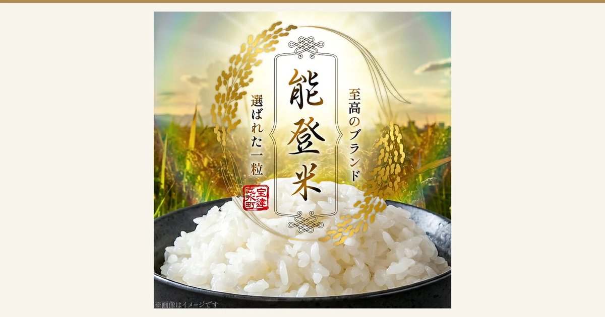 Photo of white rice served in a black bowl (the image is for illustration). Noto rice / Ishikawa rice Koshihikari (Hodatsushimizu Town furusato nozei, 中橋商事). Text and marks the shop placed in the image: a seal reading “能登米” (Noto rice), “至高のブランド” (supreme brand), “選ばれた一粒” (the chosen grain), and “宝達志水町” (Hodatsushimizu Town), the note “※画像はイメージです” (the image is for illustration), plus gold ears of rice as decoration and a rice-paddy landscape.