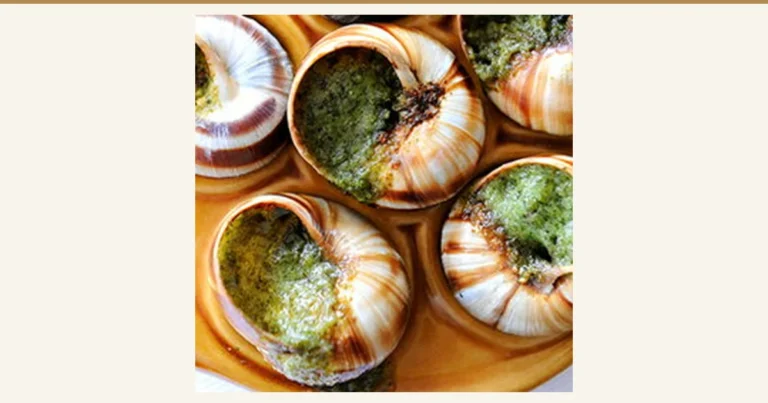 Baked shell-on escargot arranged in the hollows of a plate. Green butter fills the spiral, striped shells. Introduction image for ハイ食材室's “Escargot à la Bourguignonne from France, Shell-On with Butter, 30 Pieces”. No text is baked into the image.