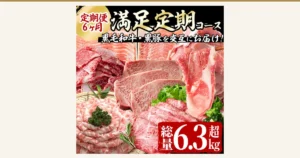 Product photo of the Shibushi Beef & Pork Satisfaction Subscription Course (Shibushi City, Kagoshima Prefecture, furusato nozei). Japanese Black steak and off-cuts and shabu-shabu slices of Kurobuta black pork are arranged in a basket and on plates. Text the shop placed in the image: “定期便6ヶ月” (6-month subscription), “満足定期コース” (Satisfaction Subscription Course), “黒毛和牛・黒豚を交互にお届け！” (Japanese Black beef and Kurobuta black pork delivered alternately!), “総量6.3超kg” (over 6.3kg in total)