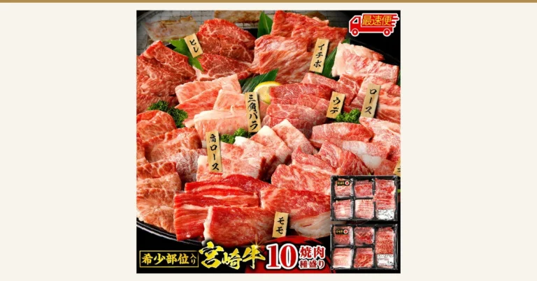 ふるさと納税の返礼品「宮崎牛焼肉10種盛り合わせ」の商品ページ画像。黒い皿に焼肉用の牛肉が部位ごとに札を立てて盛られ、右下に黒いトレーに入った2段のパック肉が写る。店舗が画像に入れた表示「最速便」「希少部位入り」「宮崎牛」「10」「焼肉種盛り」、札の「ヒレ」「イチボ」「三角バラ」「ウデ」「ロース」「肩ロース」「モモ」(右端にも一部が見切れた札がある)