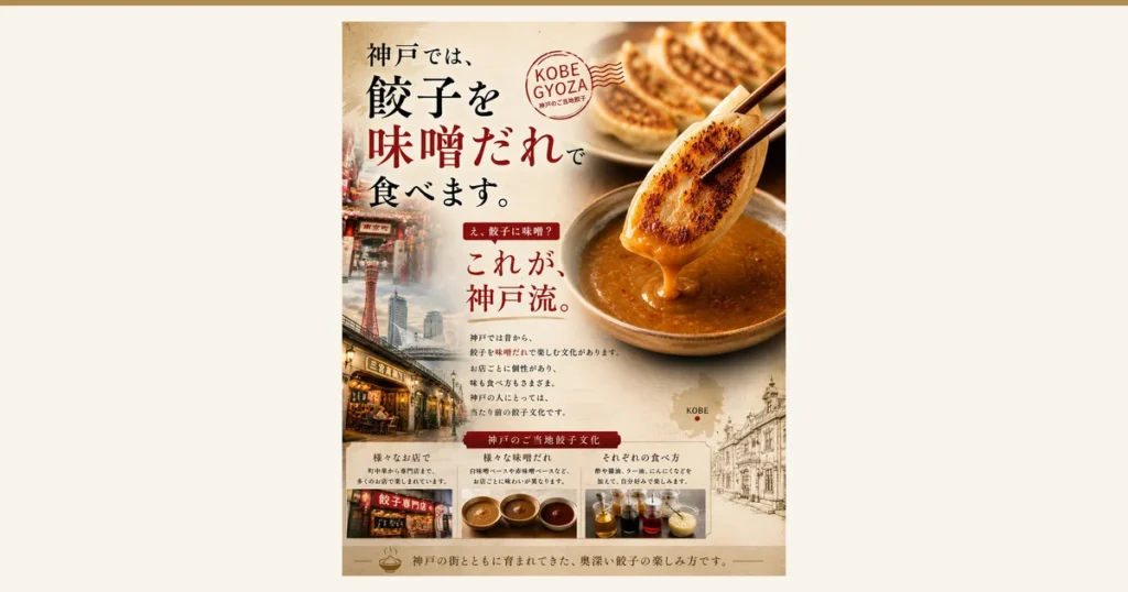 Product-page explanatory image for Gyoza Senmonten Ichiro Kobe Miso Sauce Gyoza. A large photo on the right shows a pan-fried gyoza held in chopsticks and dipped into a bowl of brown miso sauce, with more fried gyoza lined up behind it. On the left is a photo of a Kobe streetscape with the Nankinmachi gate, Port Tower and eateries under the elevated railway. Text the shop placed in the image: “神戸では、餃子を味噌だれで食べます。” (In Kobe, gyoza is eaten with miso sauce.), “え、餃子に味噌？” (What, miso on gyoza?), “これが、神戸流。” (This is the Kobe way.), “KOBE GYOZA 神戸のご当地餃子” (Kobe local gyoza), “神戸では昔から、餃子を味噌だれで楽しむ文化があります。お店ごとに個性があり、味も食べ方もさまざまです。神戸の人にとっては、当たり前の餃子文化です。” (In Kobe there has long been a culture of enjoying gyoza with miso sauce. Each shop has its own character, and the taste and way of eating vary. For people in Kobe it is an ordinary gyoza culture.), “神戸のご当地餃子文化” (Kobe local gyoza culture), “様々なお店で 町中華から専門店まで、多くのお店で楽しまれています。” (At various shops: enjoyed at many shops, from neighborhood Chinese restaurants to specialty shops.), “様々な味噌だれ 白味噌ベースや赤味噌ベースなど、お店ごとに味わいが異なります。” (Various miso sauces: white-miso or red-miso based, with a different taste at each shop.), “それぞれの食べ方 酢や醤油、ラー油、にんにくなどを加えて、自分好みで楽しみます。” (Each way of eating: add vinegar, soy sauce, chili oil, garlic and so on to your liking.), “神戸の街とともに育まれてきた、奥深い餃子の楽しみ方です。” (A deep way of enjoying gyoza nurtured together with the city of Kobe.), and “KOBE” on a map
