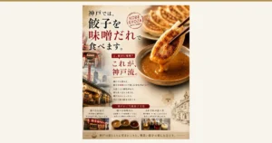 Product-page explanatory image for Gyoza Senmonten Ichiro Kobe Miso Sauce Gyoza. A large photo on the right shows a pan-fried gyoza held in chopsticks and dipped into a bowl of brown miso sauce, with more fried gyoza lined up behind it. On the left is a photo of a Kobe streetscape with the Nankinmachi gate, Port Tower and eateries under the elevated railway. Text the shop placed in the image: “神戸では、餃子を味噌だれで食べます。” (In Kobe, gyoza is eaten with miso sauce.), “え、餃子に味噌？” (What, miso on gyoza?), “これが、神戸流。” (This is the Kobe way.), “KOBE GYOZA 神戸のご当地餃子” (Kobe local gyoza), “神戸では昔から、餃子を味噌だれで楽しむ文化があります。お店ごとに個性があり、味も食べ方もさまざまです。神戸の人にとっては、当たり前の餃子文化です。” (In Kobe there has long been a culture of enjoying gyoza with miso sauce. Each shop has its own character, and the taste and way of eating vary. For people in Kobe it is an ordinary gyoza culture.), “神戸のご当地餃子文化” (Kobe local gyoza culture), “様々なお店で 町中華から専門店まで、多くのお店で楽しまれています。” (At various shops: enjoyed at many shops, from neighborhood Chinese restaurants to specialty shops.), “様々な味噌だれ 白味噌ベースや赤味噌ベースなど、お店ごとに味わいが異なります。” (Various miso sauces: white-miso or red-miso based, with a different taste at each shop.), “それぞれの食べ方 酢や醤油、ラー油、にんにくなどを加えて、自分好みで楽しみます。” (Each way of eating: add vinegar, soy sauce, chili oil, garlic and so on to your liking.), “神戸の街とともに育まれてきた、奥深い餃子の楽しみ方です。” (A deep way of enjoying gyoza nurtured together with the city of Kobe.), and “KOBE” on a map