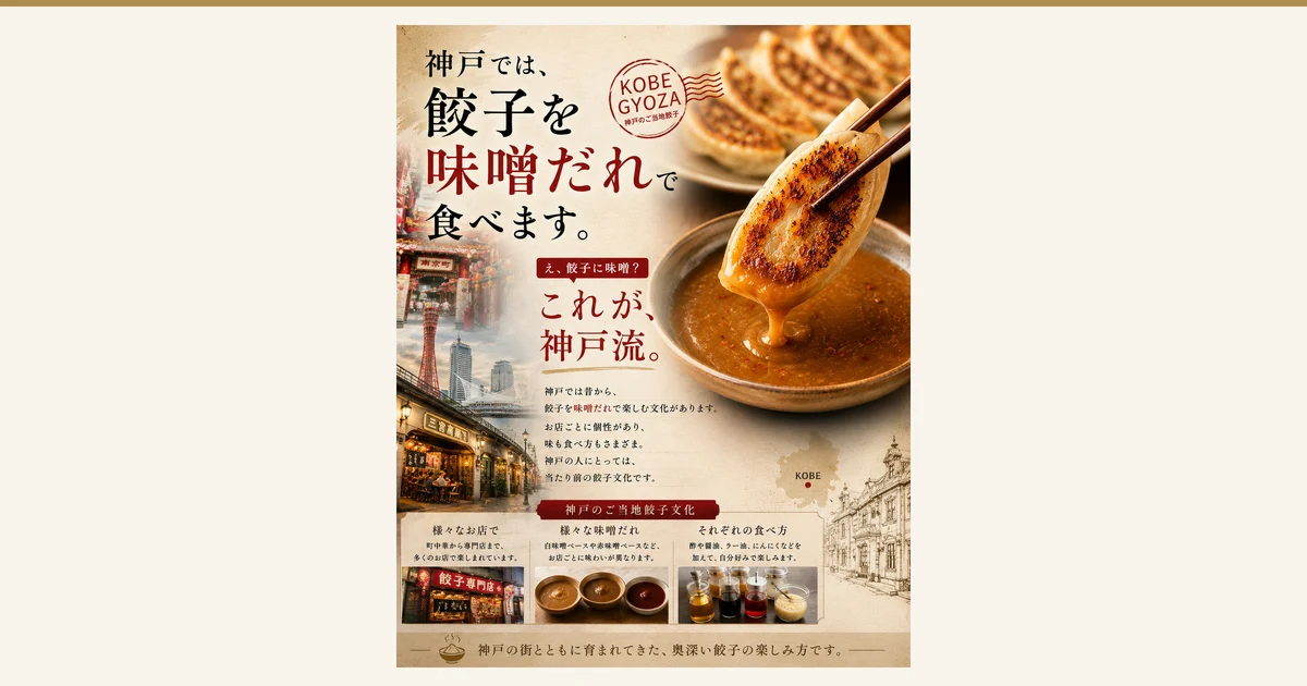 餃子専門店イチロー 神戸味噌だれ餃子的商品页面说明图片。右侧有一张大照片,用筷子夹起煎出焦色的饺子,蘸取盛在碗里的棕色味噌酱,后方摆着煎饺。左侧是神户街景照片,有南京町的门、港口塔和高架桥下的餐饮店。图片中有店铺放入图片的文字:“神戸では、餃子を味噌だれで食べます。”(在神户,饺子配味噌酱吃。)“え、餃子に味噌?”(咦,饺子配味噌?)“これが、神戸流。”(这就是神户风格。)“KOBE GYOZA 神戸のご当地餃子”(神户当地饺子)“神戸では昔から、餃子を味噌だれで楽しむ文化があります。お店ごとに個性があり、味も食べ方もさまざまです。神戸の人にとっては、当たり前の餃子文化です。”(在神户,自古就有用味噌酱享用饺子的文化。每家店各有特色,味道和吃法多种多样。对神户人来说,这是理所当然的饺子文化。)“神戸のご当地餃子文化”(神户当地饺子文化)“様々なお店で 町中華から専門店まで、多くのお店で楽しまれています。”(在各种店里:从街头中餐馆到专门店,许多店家都有供应。)“様々な味噌だれ 白味噌ベースや赤味噌ベースなど、お店ごとに味わいが異なります。”(各种味噌酱:有白味噌底、红味噌底等,每家店味道不同。)“それぞれの食べ方 酢や醤油、ラー油、にんにくなどを加えて、自分好みで楽しみます。”(各自的吃法:加入醋、酱油、辣油、大蒜等,按自己的喜好享用。)“神戸の街とともに育まれてきた、奥深い餃子の楽しみ方です。”(与神户这座城市一起培育出来的、深厚的饺子吃法。)以及地图上的“KOBE”
