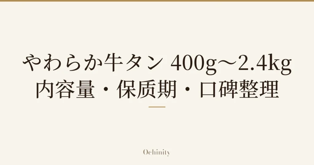 仅以大字居中显示标题「やわらか牛タン 400g〜2.4kg｜内容量・保质期・口碑整理」的文章封面图（无照片）