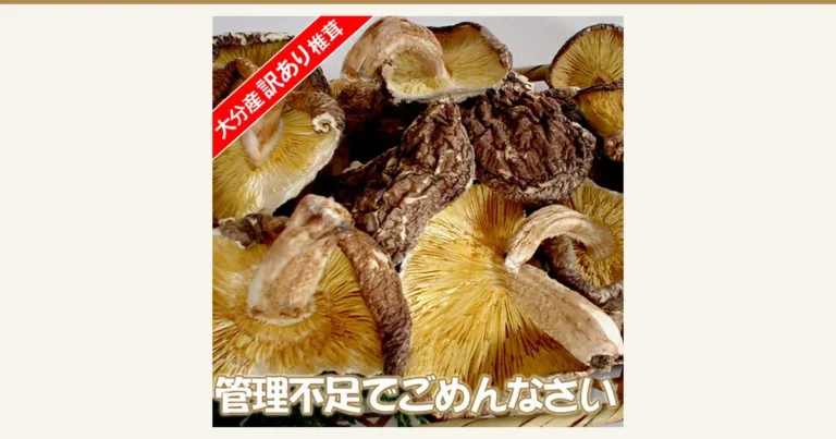 大分産 原木 訳あり しいたけ 160g 乾しいたけの記事アイキャッチ。商品画像。かさの裏の淡い黄色のひだが見えるものや、こげ茶色でしわの寄ったかさの表が見えるものなど、形のそろわない干し椎茸をかごに盛り、大きく写した写真。割れたかさや軸の付いたものも混ざっている。店舗が画像に入れた表示「大分産訳あり椎茸」（左上の赤い帯）、「管理不足でごめんなさい」（下部）