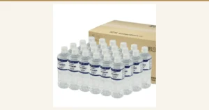 Featured image for Shibushi Natural Water (志布志の自然水) 5-Year Long-Life Water 500ml × 24 Bottles. Product photo of white-capped PET bottles lined up in rows in front of a cardboard case marked “ICS selection”. Printed on the bottle label: “霧島湧水”, “志布志の自然水”, “非常災害備蓄用” (for emergency disaster stockpiling), “ナチュラルミネラルウォーター” (natural mineral water), “保存期間5年” (storage period: 5 years), “硬度 38mg/L” (hardness 38 mg/L).