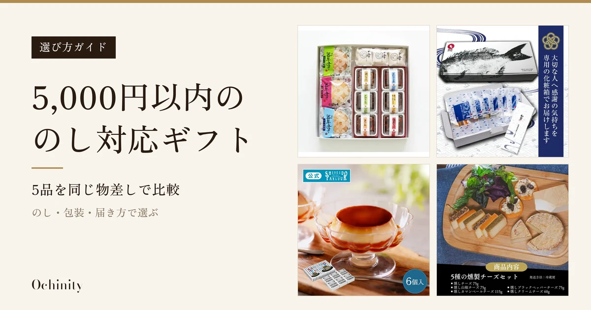 生成りの地の左に黒い札「選び方ガイド」と見出し「5,000円以内の」「のし対応ギフト」「5品を同じ物差しで比較」「のし・包装・届き方で選ぶ」、右に佃の佃煮のお味見セット(白い化粧箱に器茶漬け3種の包みと佃煮6種のトレー)、紀州高下水産の紀州南高梅だし茶漬け(魚の拓本の絵柄の化粧箱と、開けた箱の中の小袋)、資生堂パーラーのカスタードプリン(脚付きの器と外箱)、煙神の燻製チーズセット(木の板に並べた5種の燻製チーズ。クラッカー・サラダ菜・レーズンなどは盛り付け例で、商品に含まれません)の商品写真4枚を2段2列に並べたアイキャッチ。店舗が画像に入れた表示として、「大切な人へ感謝の気持ちを専用の化粧箱でお届けします」「和食」「公式」「6個入」「商品内容」「5種の燻製チーズセット」「発送方法:冷蔵便」などの文字がある