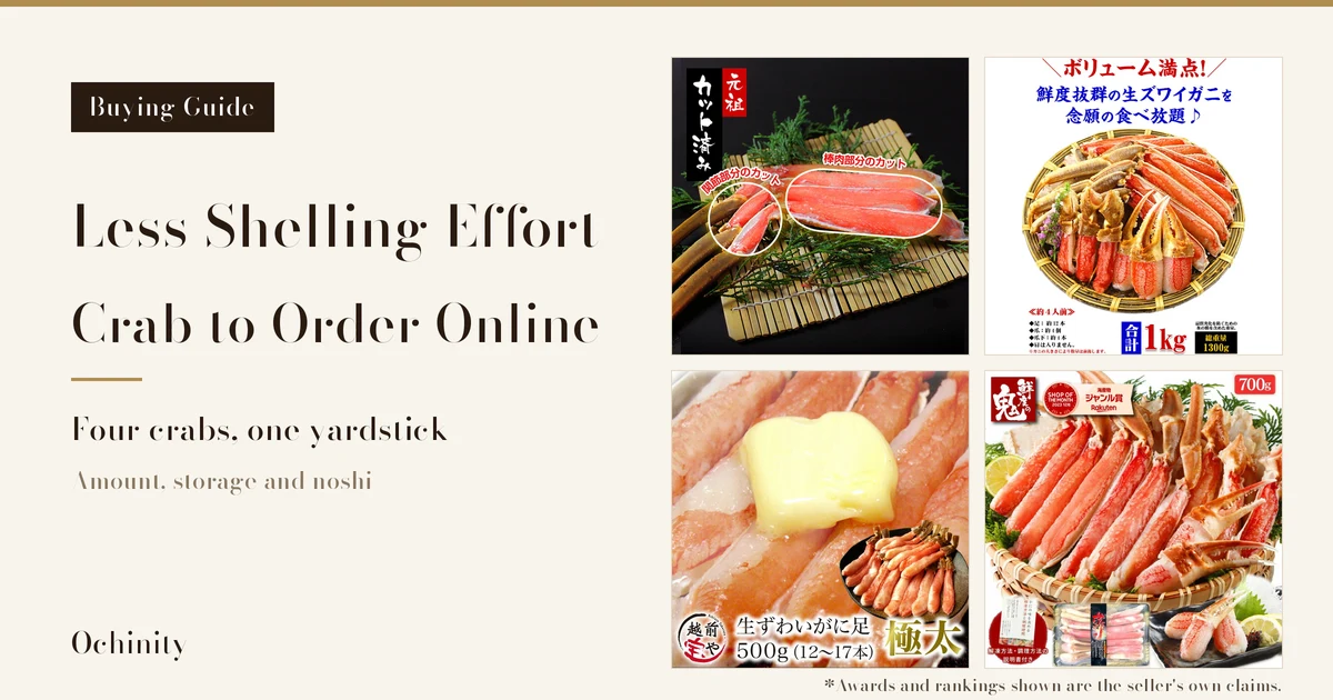 Featured image with a black label “Buying Guide” on a cream ground at the left, the headline “Less Shelling Effort”, “Crab to Order Online”, “Four crabs, one yardstick” and “Amount, storage and noshi”, and four product photos in a 2 by 2 grid at the right: Masuyone (ますよね) pre-cut raw snow crab (leg pieces with part of the shell still on, plus joint and leg-meat cuts, laid on a bamboo mat against a black background, with the text “元祖カット済み”, “関節部分のカット” and “棒肉部分のカット”), Kouragumi (甲羅組) cut raw snow crab (an explanatory image of legs, claws and claw-base pieces piled in a basket; the shop put text in the image, including “ボリューム満点！”, “鮮度抜群の生ズワイガニを念願の食べ放題♪”, “約4人前”, “足：約12本”, “爪：約4個”, “爪下：約4本”, “肩は入っていません。”, “合計1kg” and “総重量1300g”), Echizen Takaraya (越前宝や) raw snow crab legs (a close-up of butter on leg meat with a small photo of the legs laid out, and the text “生ずわいがに足 500g（12〜17本）” and “極太” with the shop logo) and Kobe CRAB (神戸CRAB) raw snow crab half portions (legs and claws in a bamboo basket with a lemon; the shop put text and a badge in the image, including its “鮮度の鬼” logo, a “SHOP OF THE MONTH 2023年12月 海産物ジャンル賞 Rakuten” badge, “700g” and “解凍方法・調理方法の説明書付き”, with small photos of the pack with its instruction sheet and of legs and claws on a plate in a sashimi-style serving example with wasabi, shiso and lemon, which are not included with the product). Below the photos: “*Awards and rankings shown are the seller's own claims.”