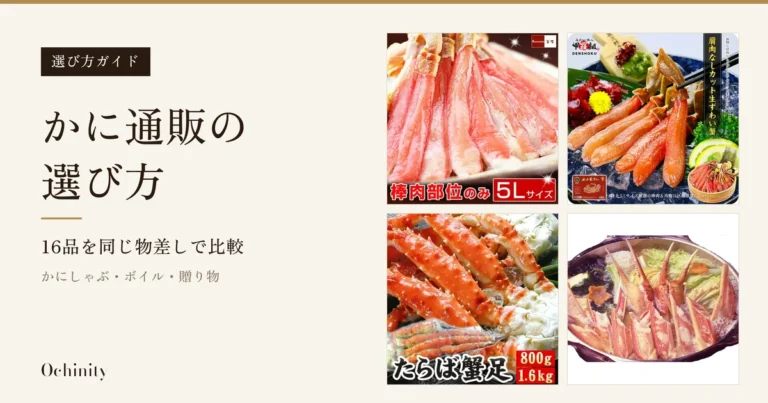 生成りの地の左に黒い札「選び方ガイド」と見出し「かに通販の選び方」「16品を同じ物差しで比較」「かにしゃぶ・ボイル・贈り物」、右に生ずわいがにの棒肉ポーション、カット生ずわい蟹、ボイルたらばがにの脚、ずわいかにすき鍋の商品写真4枚を2段2列に並べたアイキャッチ