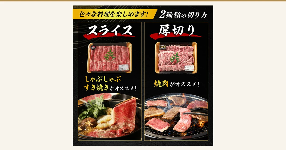 左に「佐賀牛」のシールを貼ったパック入りのすき焼き用スライス、右に「佐賀牛」のシールを貼ったパック入りの焼肉用の厚切りを並べ、その下に鍋で煮るすき焼きと網で焼く焼肉の調理例の写真を置いた案内画像（佐賀牛 赤身 スライス 焼肉 すき焼き しゃぶしゃぶ用・玄海町のふるさと納税）。すき焼きの春菊・しいたけ・焼き豆腐・しらたきと鍋・網は返礼品に含まれない。店舗が画像に入れた表示「色々な料理を楽しめます！」「2種類の切り方」「スライス」「しゃぶしゃぶ すき焼きがオススメ！」「厚切り」「焼肉がオススメ！」