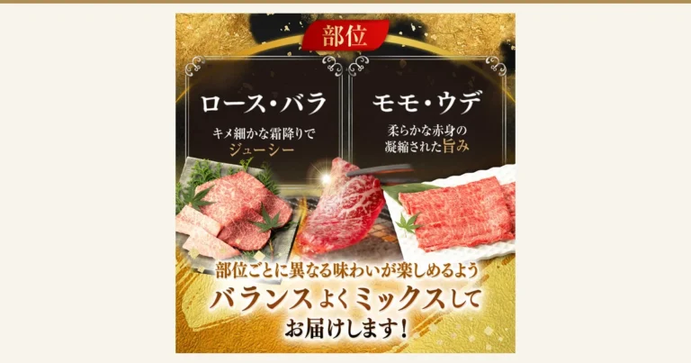 Product photo of Saga beef selected cuts for yakiniku and the Tanno set (Ureshino City furusato nozei). It shows, from left to right, yakiniku beef garnished with a maple leaf, beef being picked up with tongs and grilled on a grate, and thin slices spread on a white tray. Text the shop placed in the image: “部位” (cuts), “ロース・バラ キメ細かな霜降りでジューシー” (loin and short plate: finely marbled and juicy), “モモ・ウデ 柔らかな赤身の凝縮された旨み” (round and chuck/shoulder: the concentrated flavor of tender lean meat), “部位ごとに異なる味わいが楽しめるようバランスよくミックスしてお届けします!” (delivered as a balanced mix so you can enjoy the different taste of each cut!)