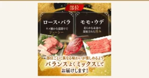 佐賀牛 厳選部位 焼肉用・堪能セット（嬉野市のふるさと納税）の商品写真。左にもみじの葉を添えた焼肉用の牛肉、中央にトングでつまんで網で焼く牛肉、右に白いトレーに広げた薄切り肉を並べた構成。店舗が画像に入れた表示「部位」「ロース・バラ キメ細かな霜降りでジューシー」「モモ・ウデ 柔らかな赤身の凝縮された旨み」「部位ごとに異なる味わいが楽しめるようバランスよくミックスしてお届けします！」