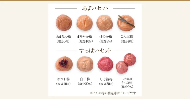 福梅本舗 特選紀州南高梅干し 食べ比べお試しセット的文章封面图。商品照片。白色背景上，上排是甜口套装的梅干（あまみつ梅、まろやか梅、ほのか梅、放有昆布的こんぶ梅），下排是酸口套装的梅干（かつお梅、白干梅、しそ漬梅，以及2颗うす塩味的しそ漬梅）。图片中店铺自行加入的标示包括「あまいセット」「すっぱいセット」、各梅干的名称、「塩分5%」「塩分10%」「塩分8%」「塩分8%」「塩分10%」「塩分20%」「塩分20%」「塩分9%」，以及「※こんぶ梅の結昆布はイメージです」