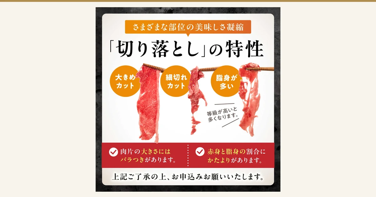 木の箸で1切れずつつまみ上げた生の牛肉の切り落とし3切れ(大きめの赤身の薄切り・細切れ・脂身の多い切れ)を、黒い背景の白い枠の中に並べた写真(佐賀産和牛 切り落とし 1kg・佐賀県吉野ヶ里町のふるさと納税)。店舗が画像に入れた表示として「さまざまな部位の美味しさ凝縮」「「切り落とし」の特性」「大きめカット」「細切れカット」「脂身が多い」「等級が高いと多くなります。」「肉片の大きさにはバラつきがあります。」「赤身と脂身の割合にかたよりがあります。」「上記ご了承の上、お申込みお願いいたします。」の文字