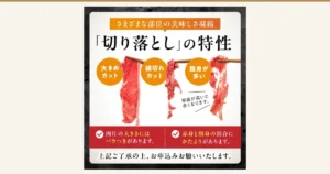 用木筷逐片夹起的3片生牛肉边角料切片（较大的红肉薄片、细碎切片、肥肉较多的切片）排列在黑色背景白框中的照片（佐賀産和牛 切り落とし 1kg・佐贺县吉野ヶ里町故乡纳税回礼品）。图中有提供事业者添加的文字「さまざまな部位の美味しさ凝縮」「「切り落とし」の特性」「大きめカット」「細切れカット」「脂身が多い」「等級が高いと多くなります。」「肉片の大きさにはバラつきがあります。」「赤身と脂身の割合にかたよりがあります。」「上記ご了承の上、お申込みお願いいたします。」