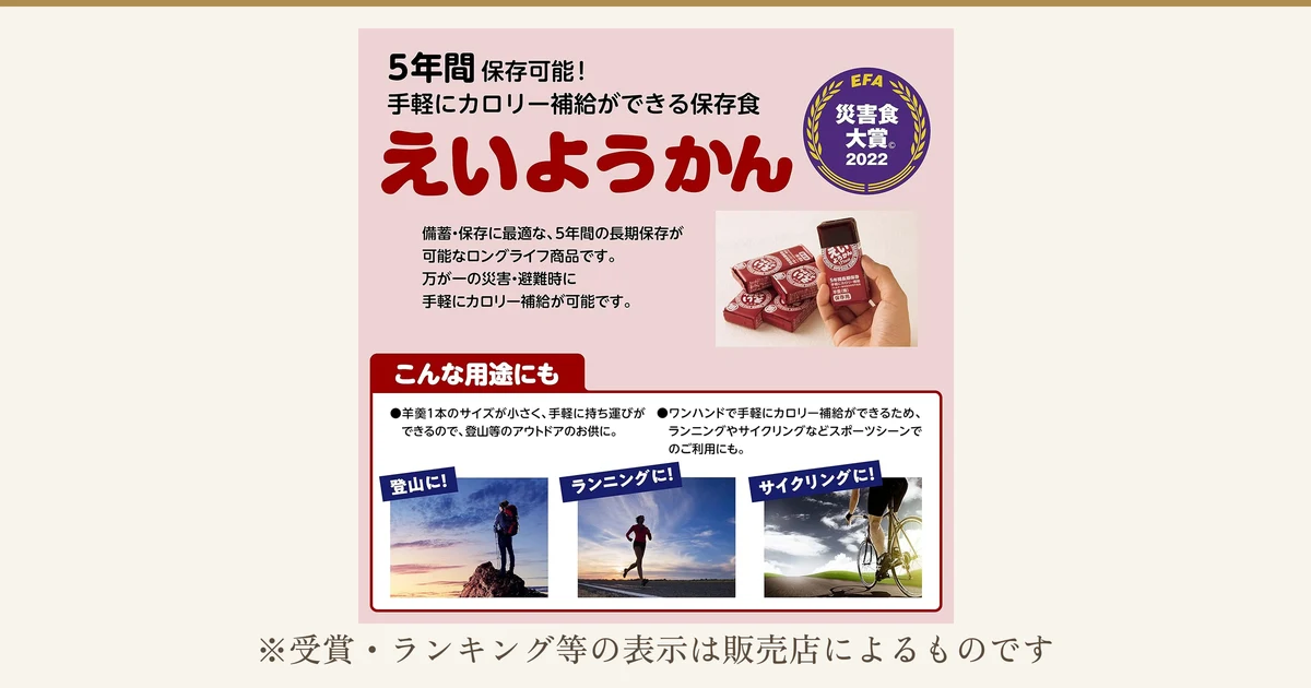 井村屋 えいようかんの店舗の商品案内画像。左上に「5年間保存可能！」「手軽にカロリー補給ができる保存食」の文字と大きな題字「えいようかん」、右上に紫の円形バッジ「EFA 災害食大賞 2022」。中ほどに、赤茶色の個包装のようかん数本と、1本を手に持った写真と、説明文「備蓄・保存に最適な、5年間の長期保存が可能なロングライフ商品です。万が一の災害・避難時に手軽にカロリー補給が可能です。」。下部に「こんな用途にも」として、登山・ランニング・サイクリングの3枚の風景写真。画像内の文字はすべて店舗が画像に入れた表示。下に「※受賞・ランキング等の表示は販売店によるものです」