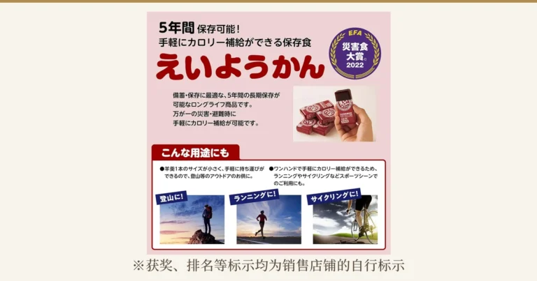 井村屋 えいようかん店铺的商品介绍图。左上角是「5年間保存可能！」「手軽にカロリー補給ができる保存食」的文字和大号标题「えいようかん」，右上角是紫色圆形徽章「EFA 災害食大賞 2022」。中部是几条红褐色独立包装羊羹和手持一条的照片，以及说明文字「備蓄・保存に最適な、5年間の長期保存が可能なロングライフ商品です。万が一の災害・避難時に手軽にカロリー補給が可能です。」。下部「こんな用途にも」下方是登山、跑步、骑行的三张风景照片。图中的文字均为店铺自行加入图片的标示。照片下方有「※获奖、排名等标示均为销售店铺的自行标示」