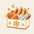 雪の結晶が描かれた冷凍便の箱から餃子・唐揚げ・氷がのぞくイラスト